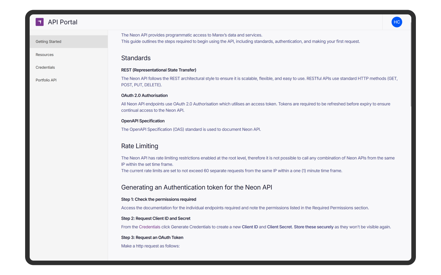 Neon API Portal - a product by Marex
