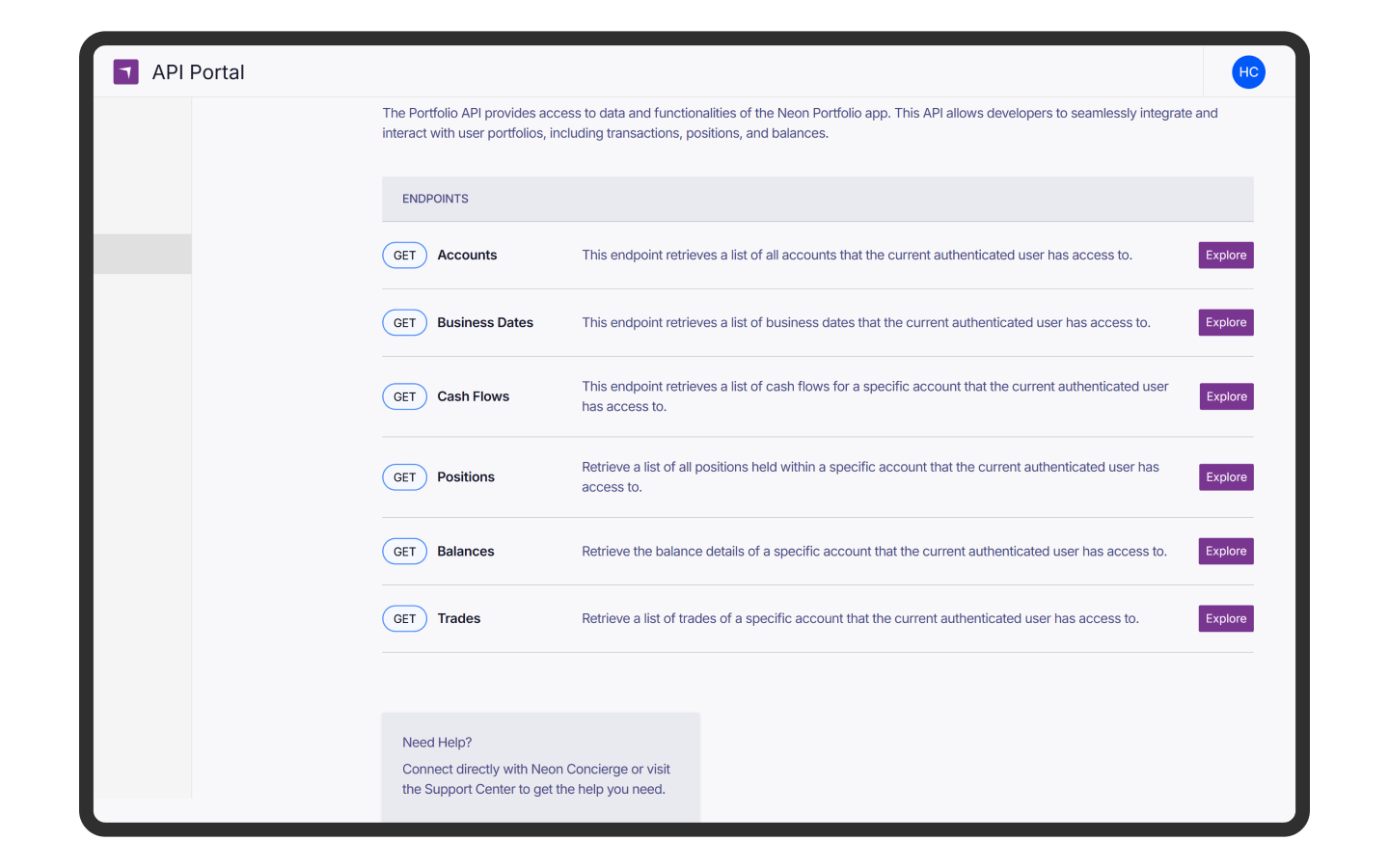 Neon API Portal - a product by Marex